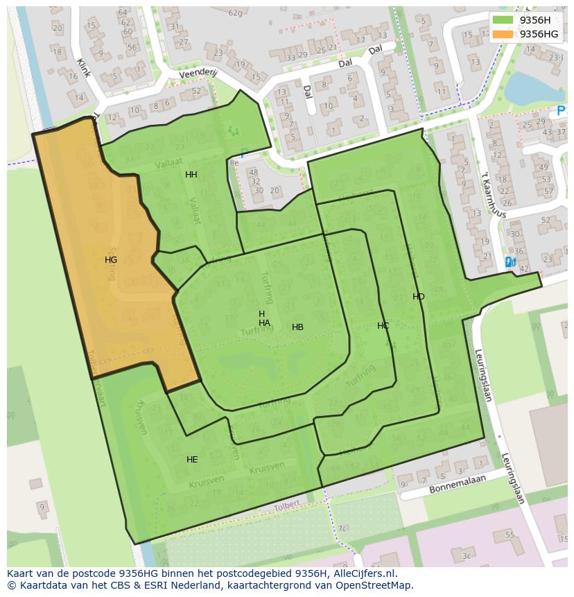 Afbeelding van het postcodegebied 9356 HG op de kaart.
