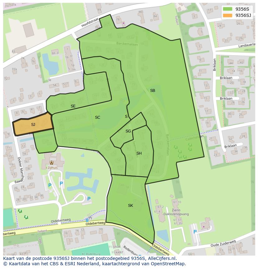 Afbeelding van het postcodegebied 9356 SJ op de kaart.