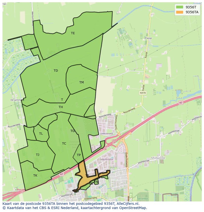 Afbeelding van het postcodegebied 9356 TA op de kaart.