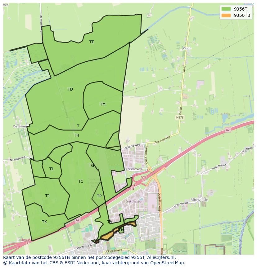Afbeelding van het postcodegebied 9356 TB op de kaart.