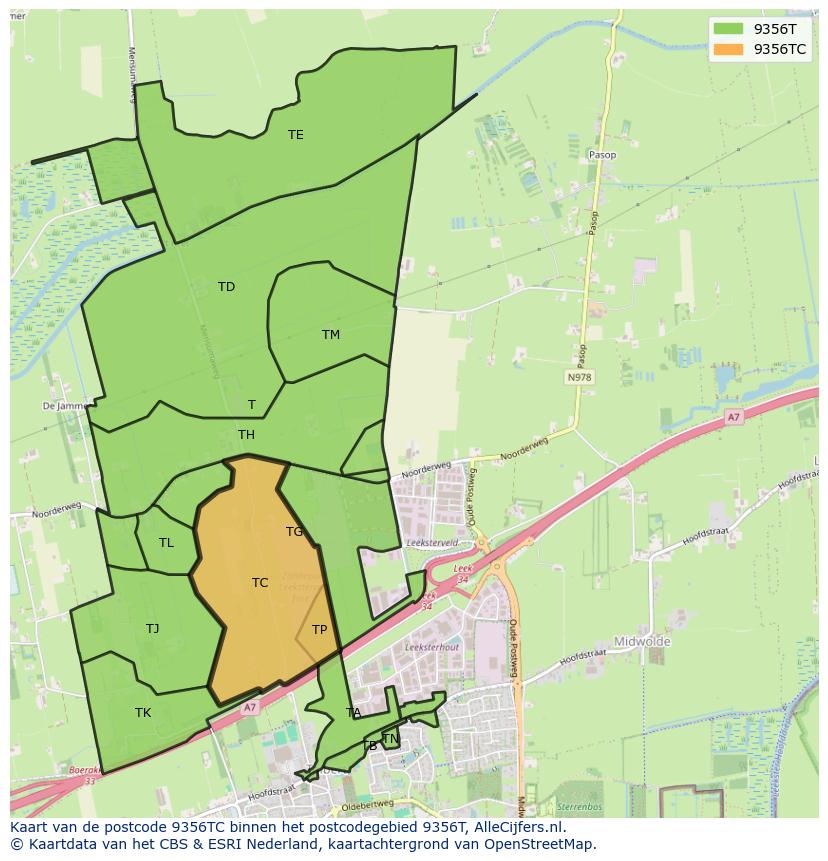 Afbeelding van het postcodegebied 9356 TC op de kaart.