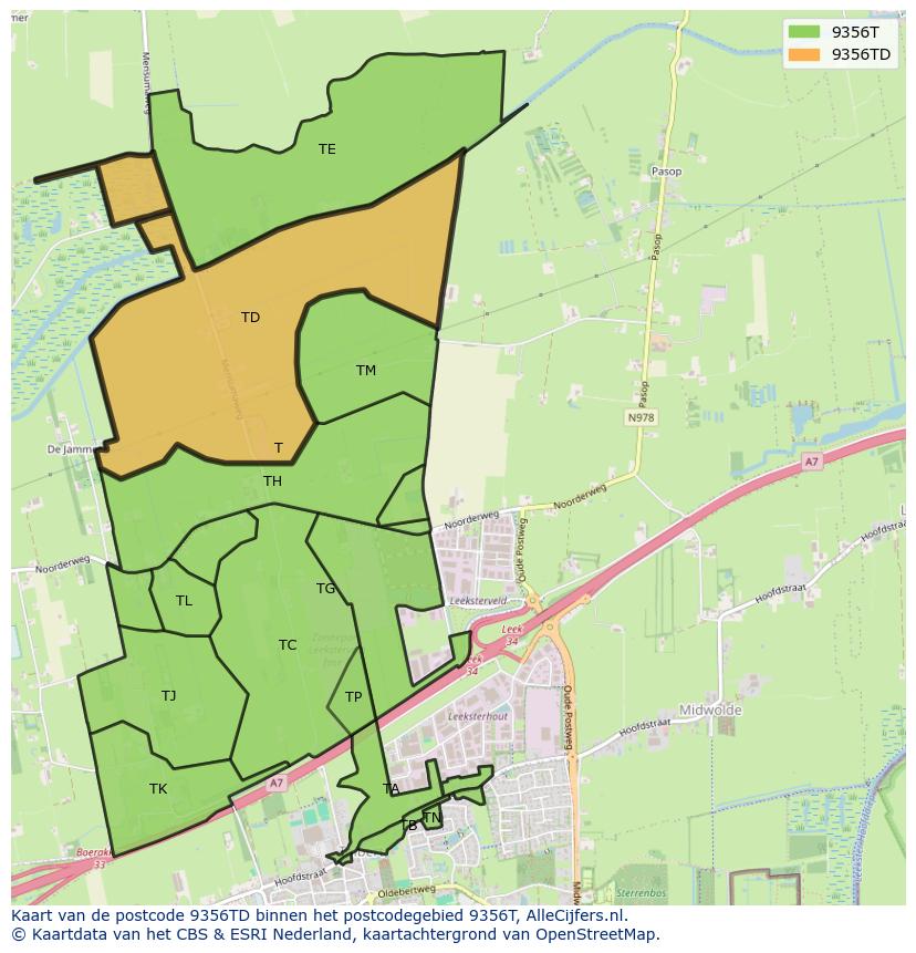 Afbeelding van het postcodegebied 9356 TD op de kaart.