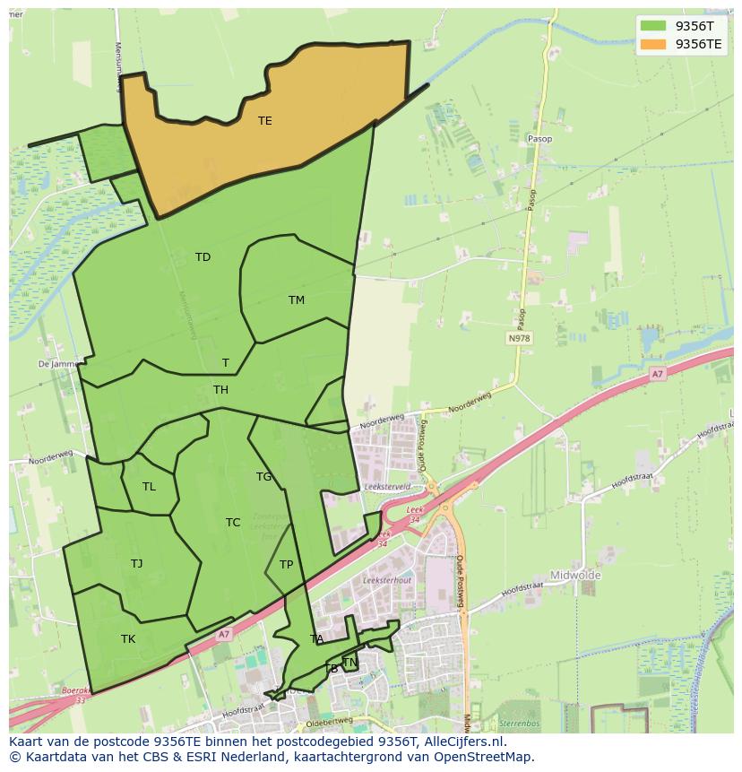 Afbeelding van het postcodegebied 9356 TE op de kaart.