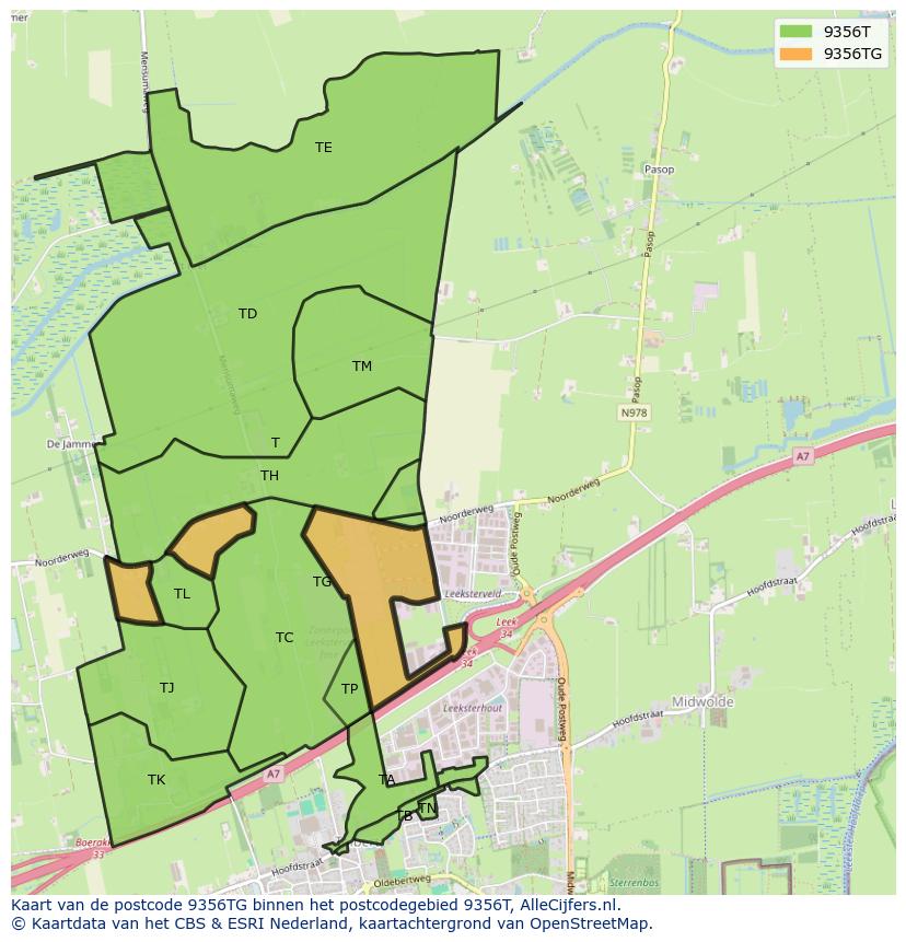 Afbeelding van het postcodegebied 9356 TG op de kaart.