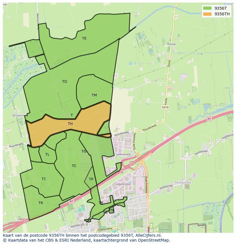 Afbeelding van het postcodegebied 9356 TH op de kaart.