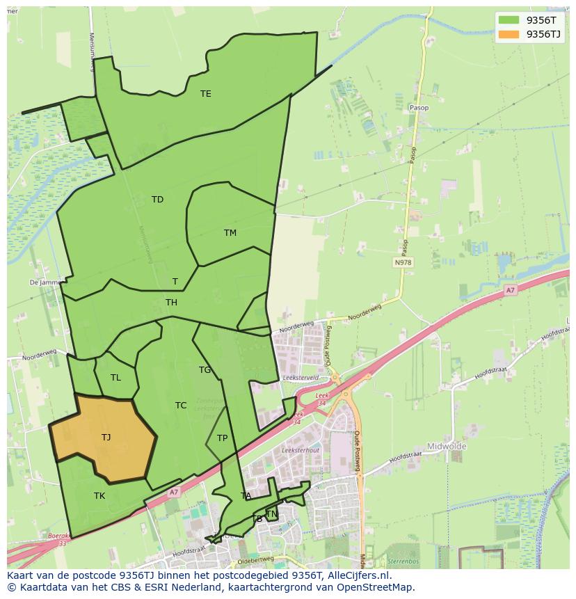 Afbeelding van het postcodegebied 9356 TJ op de kaart.