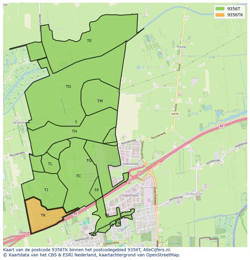 Afbeelding van het postcodegebied 9356 TK op de kaart.