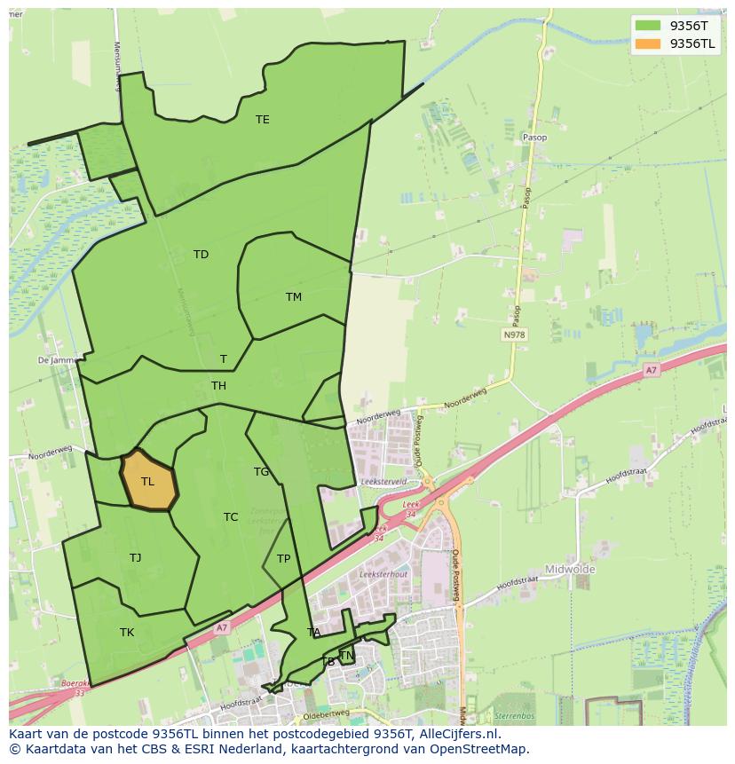 Afbeelding van het postcodegebied 9356 TL op de kaart.