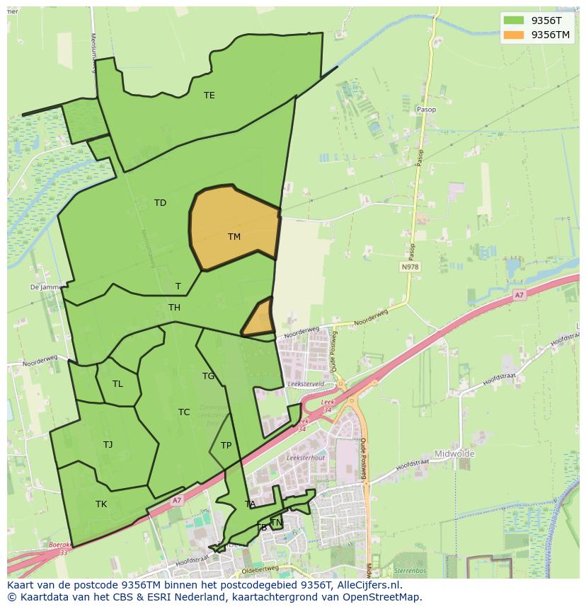 Afbeelding van het postcodegebied 9356 TM op de kaart.
