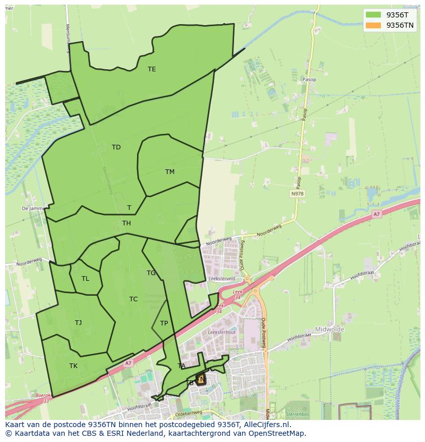 Afbeelding van het postcodegebied 9356 TN op de kaart.