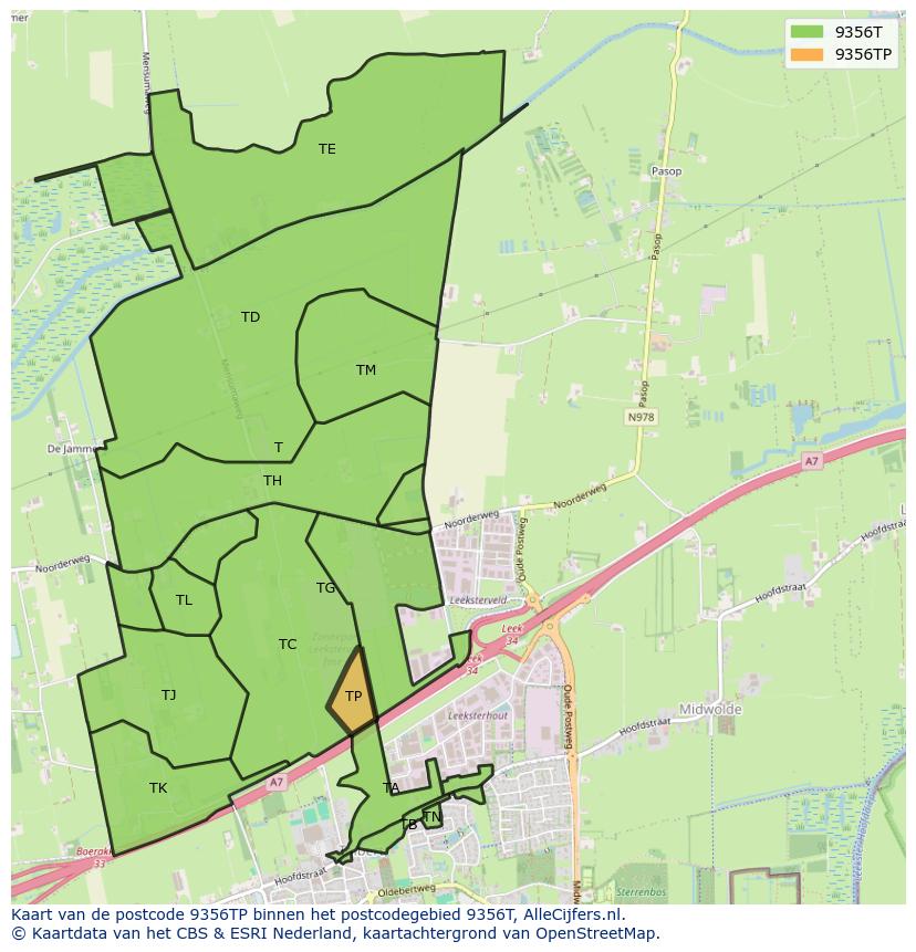 Afbeelding van het postcodegebied 9356 TP op de kaart.