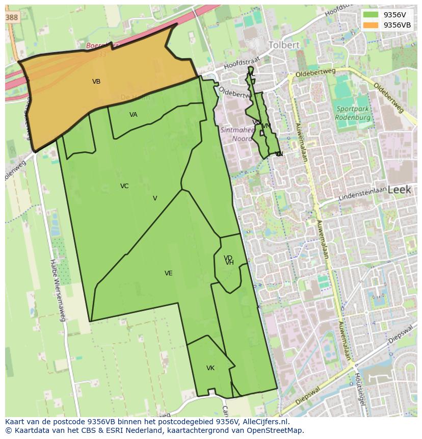 Afbeelding van het postcodegebied 9356 VB op de kaart.