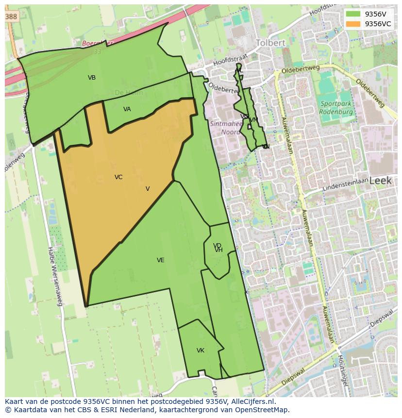 Afbeelding van het postcodegebied 9356 VC op de kaart.