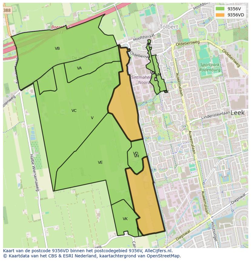 Afbeelding van het postcodegebied 9356 VD op de kaart.