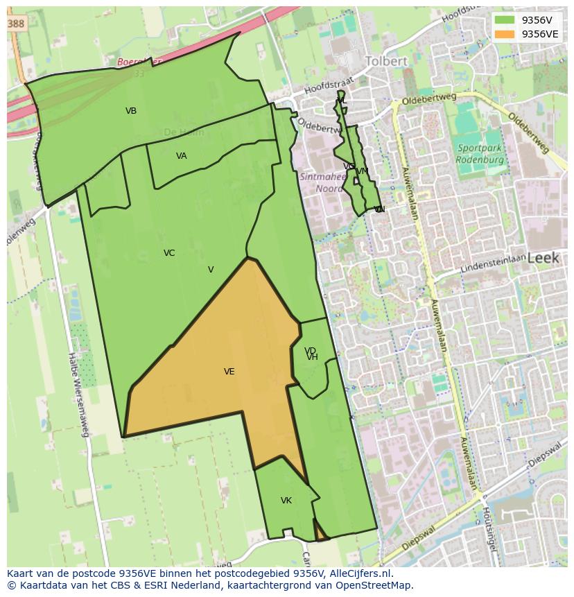 Afbeelding van het postcodegebied 9356 VE op de kaart.