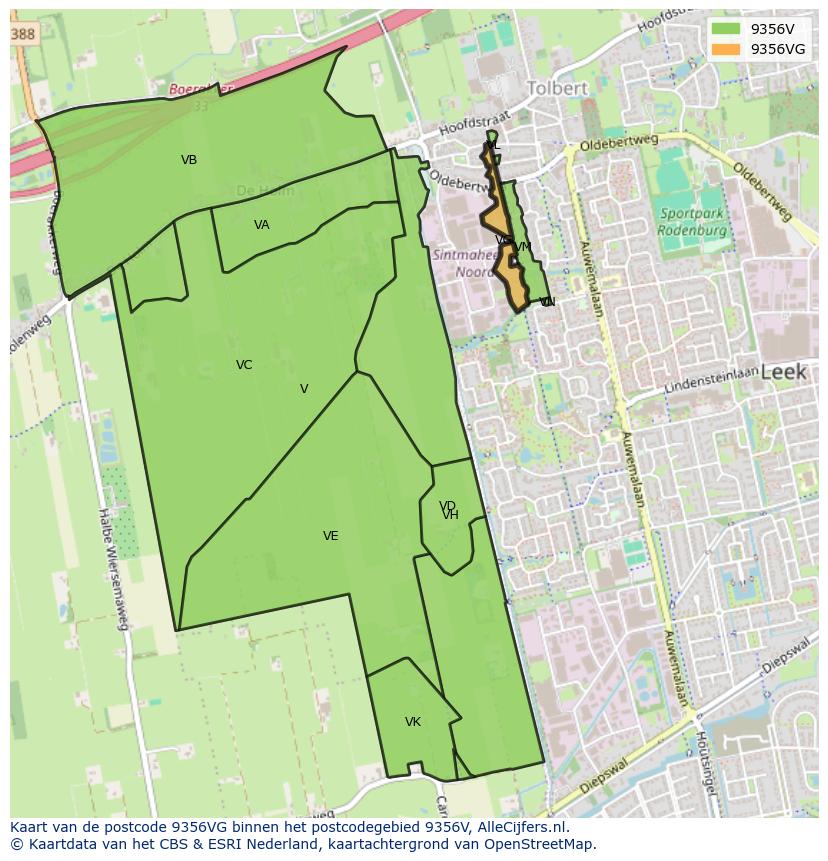 Afbeelding van het postcodegebied 9356 VG op de kaart.