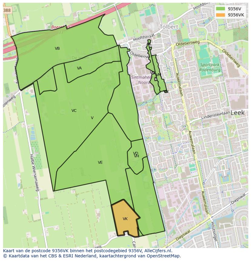 Afbeelding van het postcodegebied 9356 VK op de kaart.