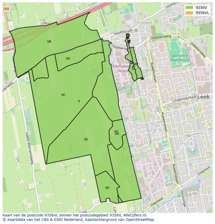 Afbeelding van het postcodegebied 9356 VL op de kaart.