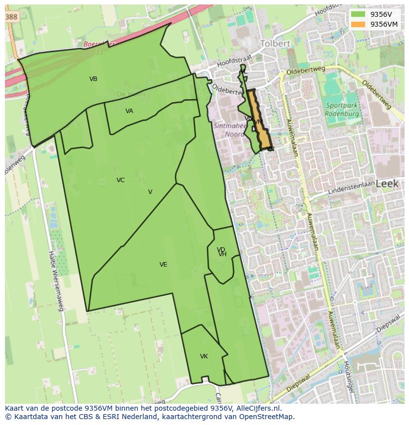 Afbeelding van het postcodegebied 9356 VM op de kaart.