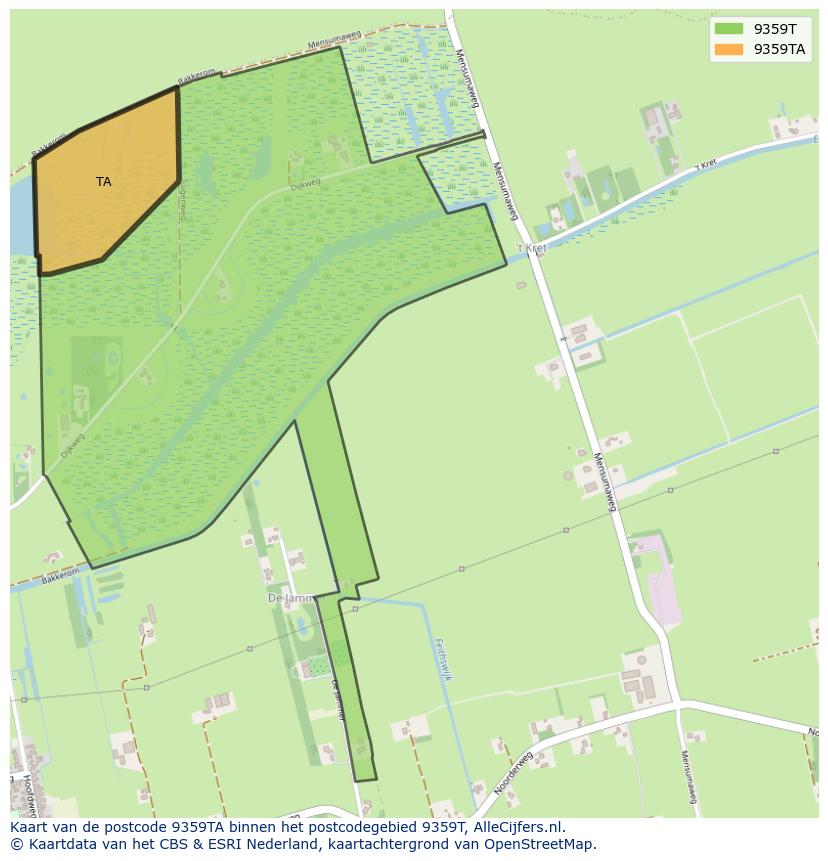 Afbeelding van het postcodegebied 9359 TA op de kaart.