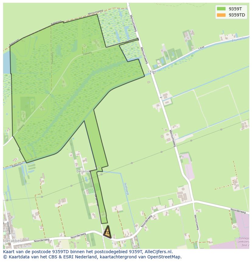 Afbeelding van het postcodegebied 9359 TD op de kaart.