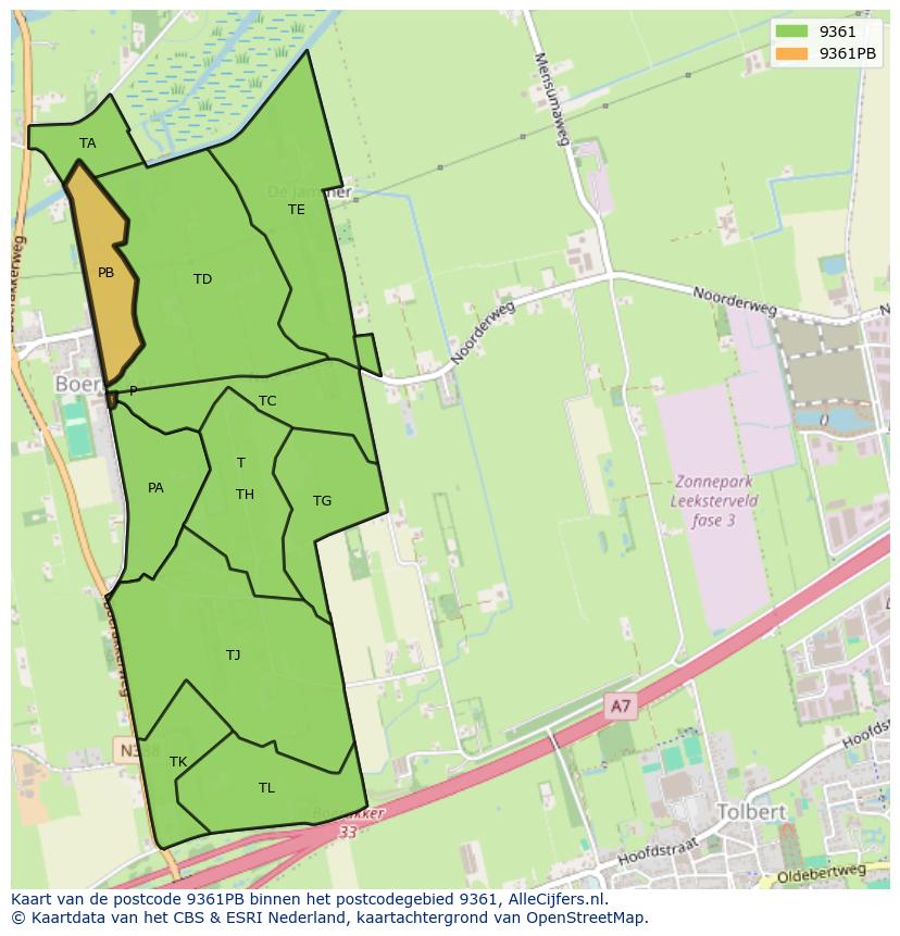 Afbeelding van het postcodegebied 9361 PB op de kaart.