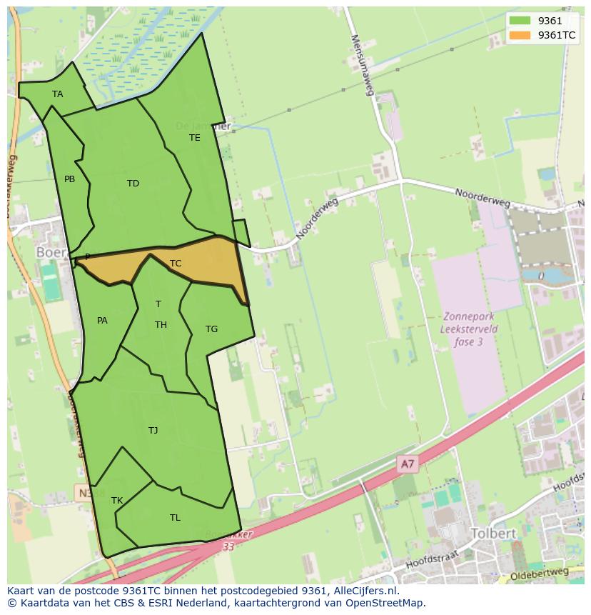 Afbeelding van het postcodegebied 9361 TC op de kaart.