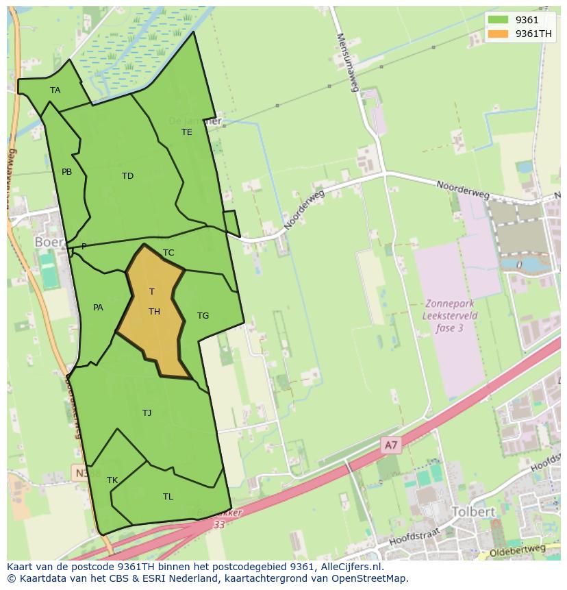 Afbeelding van het postcodegebied 9361 TH op de kaart.