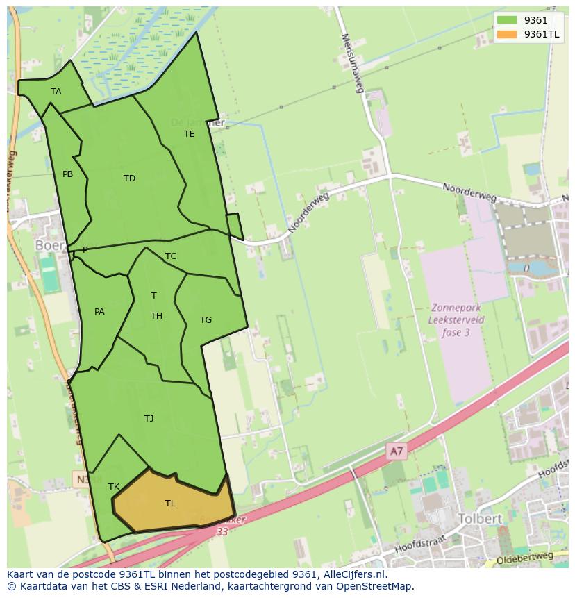 Afbeelding van het postcodegebied 9361 TL op de kaart.