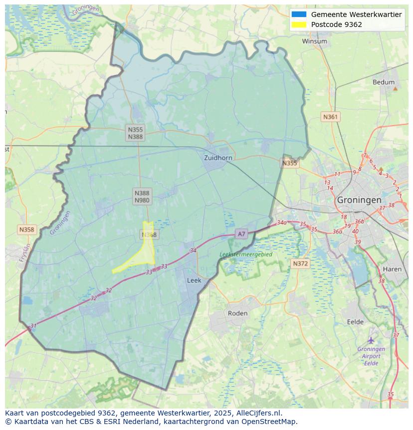 Afbeelding van het postcodegebied 9362 op de kaart.