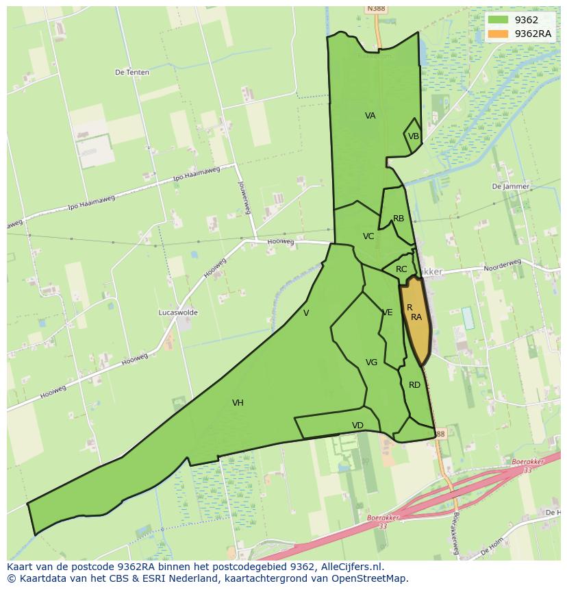 Afbeelding van het postcodegebied 9362 RA op de kaart.