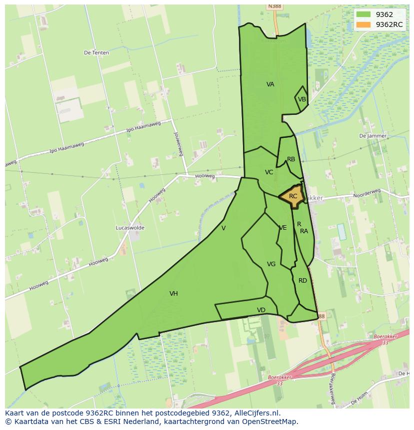 Afbeelding van het postcodegebied 9362 RC op de kaart.
