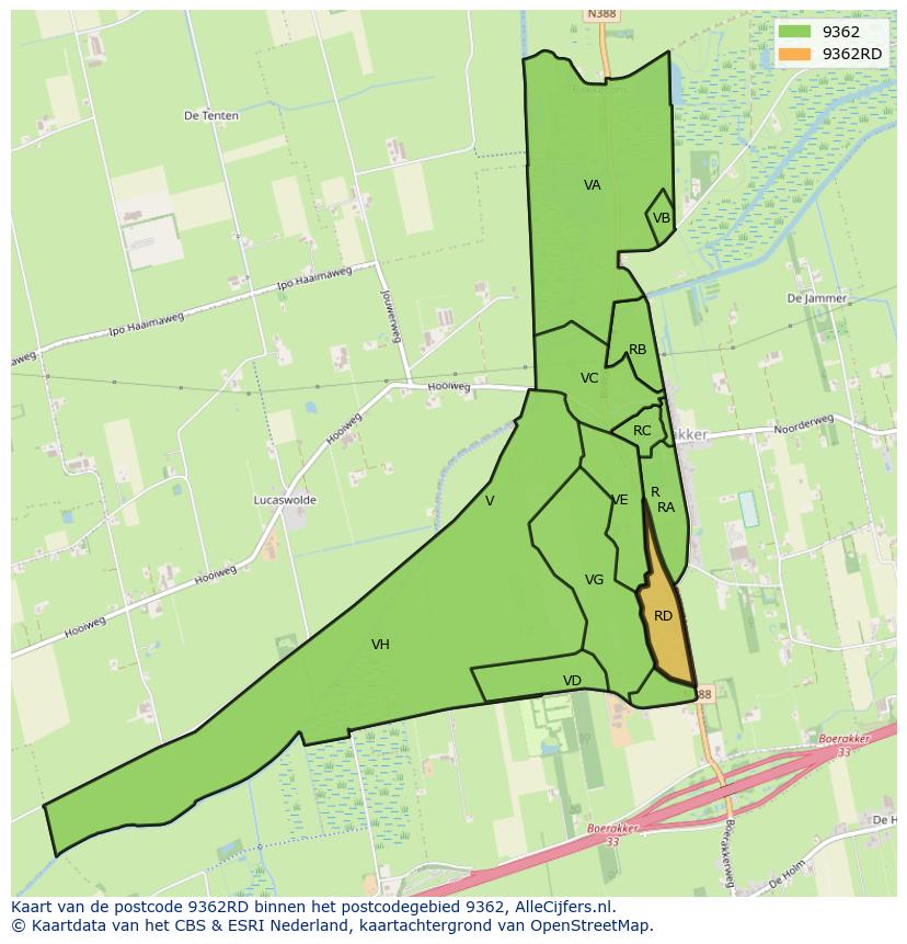 Afbeelding van het postcodegebied 9362 RD op de kaart.