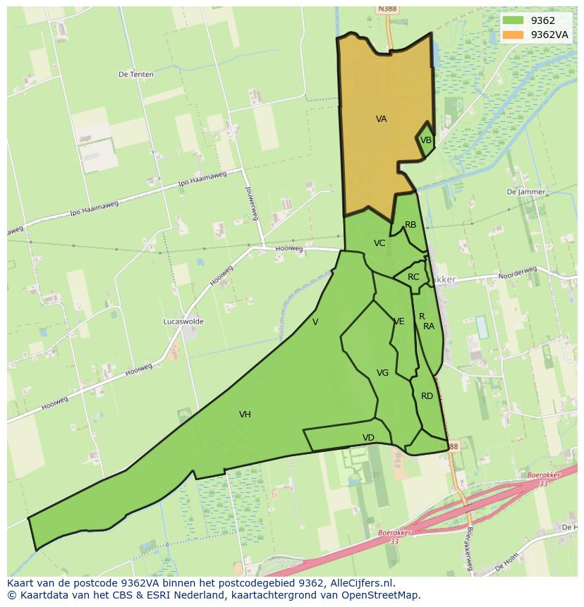 Afbeelding van het postcodegebied 9362 VA op de kaart.