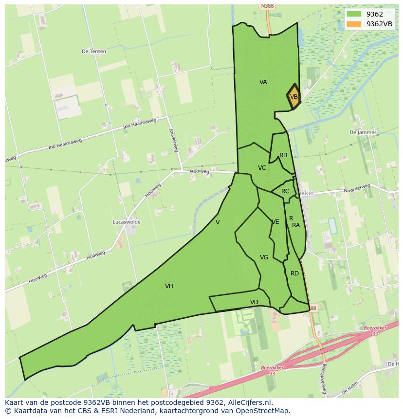 Afbeelding van het postcodegebied 9362 VB op de kaart.