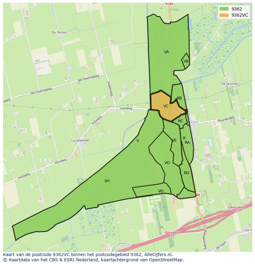 Afbeelding van het postcodegebied 9362 VC op de kaart.