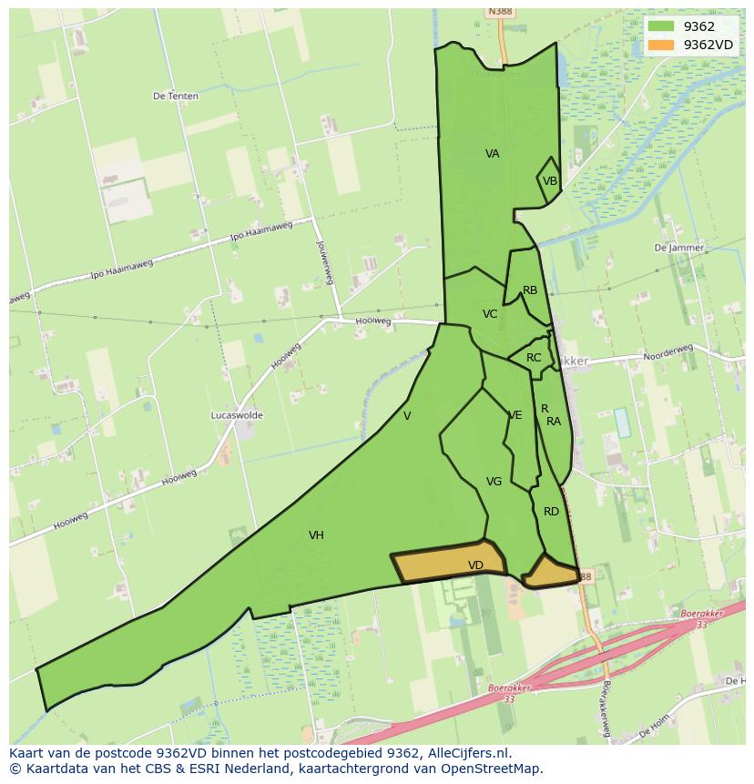 Afbeelding van het postcodegebied 9362 VD op de kaart.