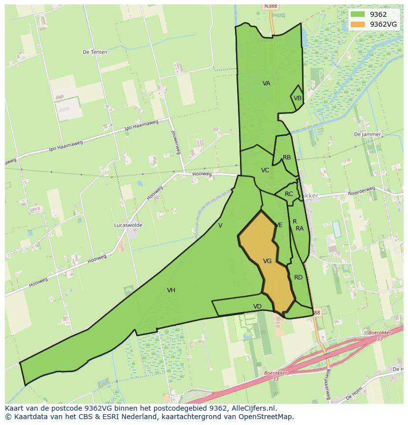 Afbeelding van het postcodegebied 9362 VG op de kaart.