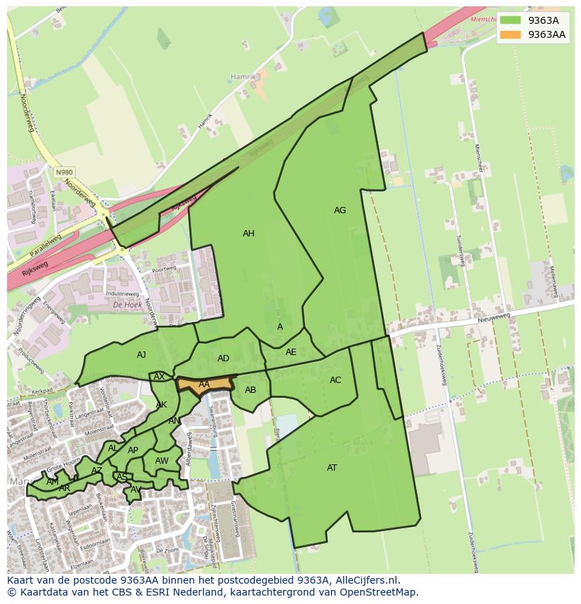Afbeelding van het postcodegebied 9363 AA op de kaart.