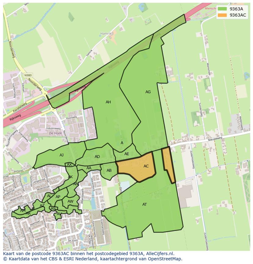 Afbeelding van het postcodegebied 9363 AC op de kaart.