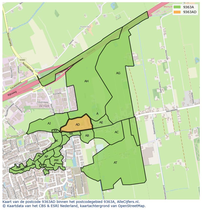 Afbeelding van het postcodegebied 9363 AD op de kaart.