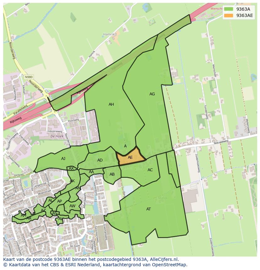 Afbeelding van het postcodegebied 9363 AE op de kaart.