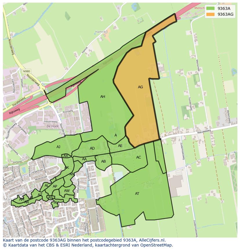 Afbeelding van het postcodegebied 9363 AG op de kaart.