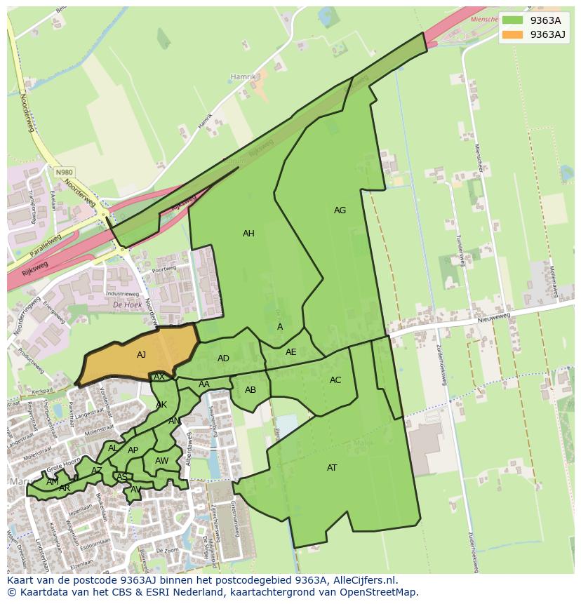 Afbeelding van het postcodegebied 9363 AJ op de kaart.