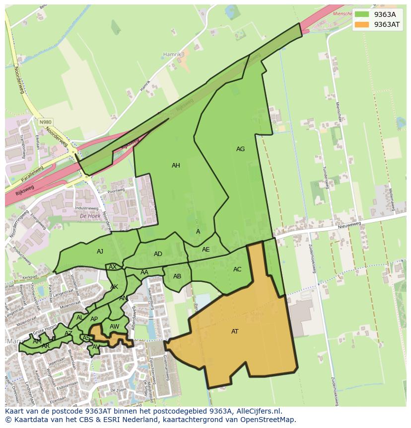 Afbeelding van het postcodegebied 9363 AT op de kaart.