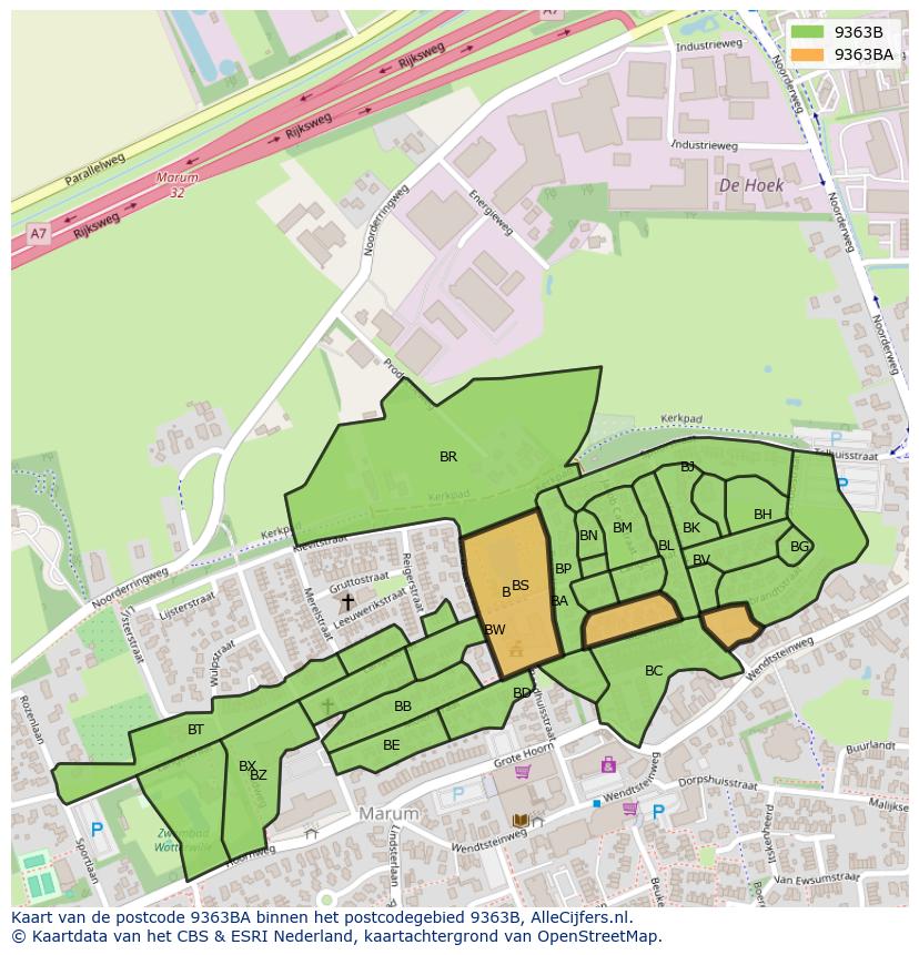 Afbeelding van het postcodegebied 9363 BA op de kaart.
