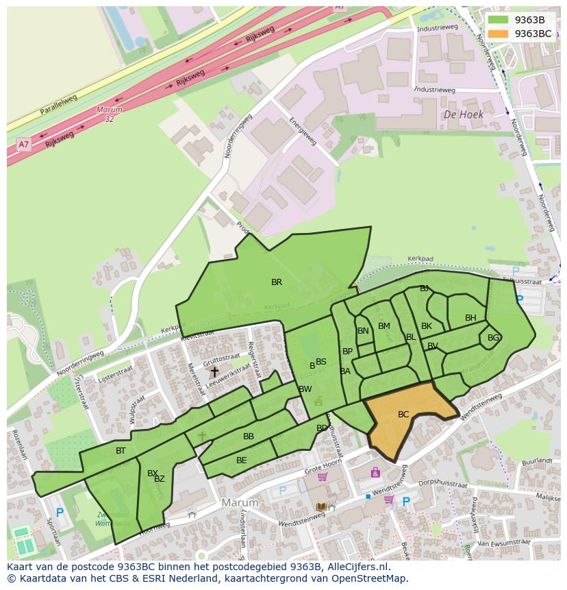 Afbeelding van het postcodegebied 9363 BC op de kaart.