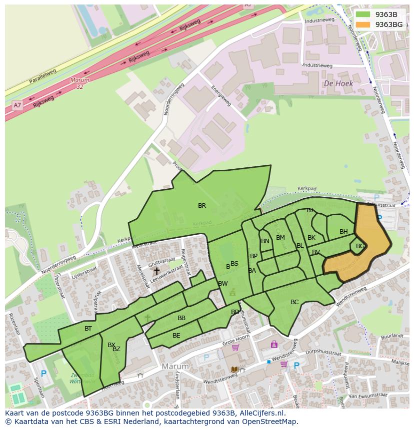 Afbeelding van het postcodegebied 9363 BG op de kaart.