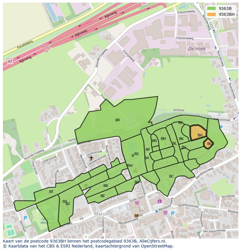 Afbeelding van het postcodegebied 9363 BH op de kaart.
