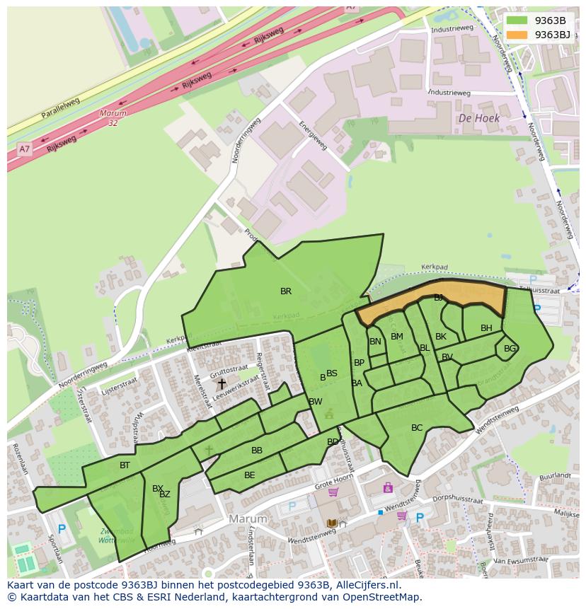 Afbeelding van het postcodegebied 9363 BJ op de kaart.